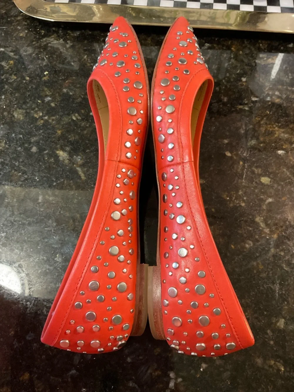 Diane von Furstenberg Silver Studded Orange/Red Pointed Toe Flat Sz 9.5 M luxury